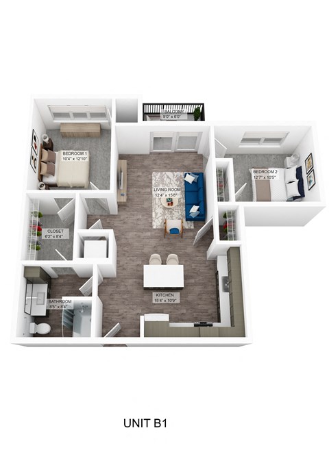 a stylized 3d floor plan of a unit 1st floor